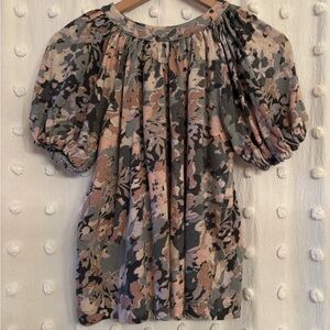 Maeve for Anthropologie Floral Puff Sleeve Top | Natural Fibers 100% Linen